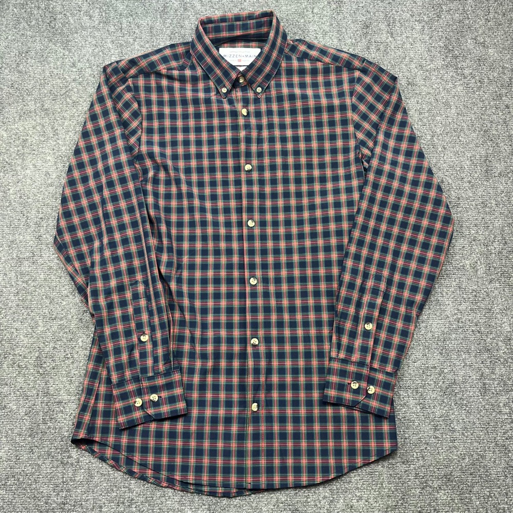 Mizzen + Main Leeward Collection Plaid Shirt Mens Small Trim Fit Navy Red Green